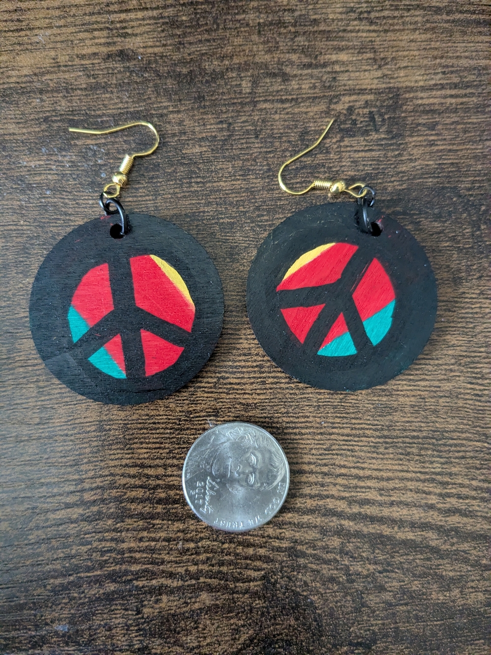 Hand-Painted Rasta Peace Sign Wooden Earrings